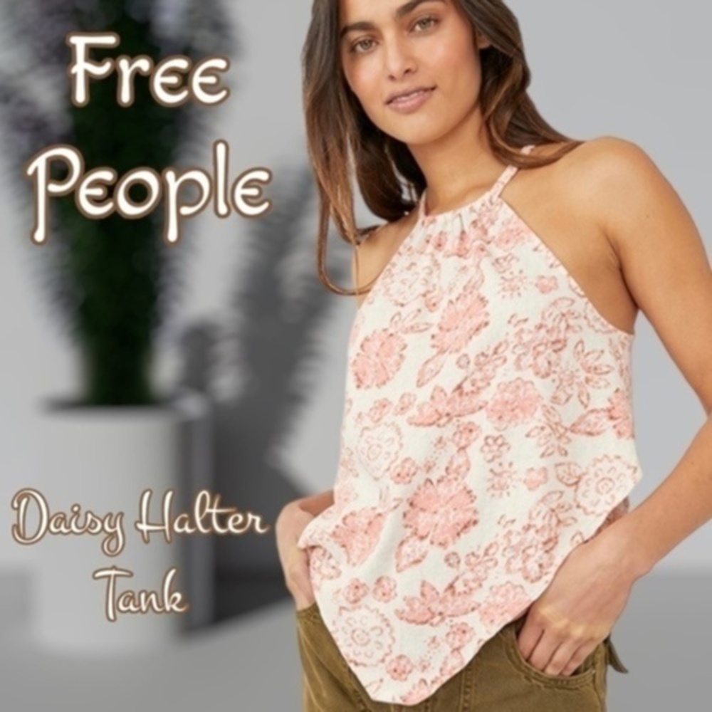 FREE PEOPLE Daisy Floral Print Halter Neck Handkerchief Hem Tank Top-Lg NWT